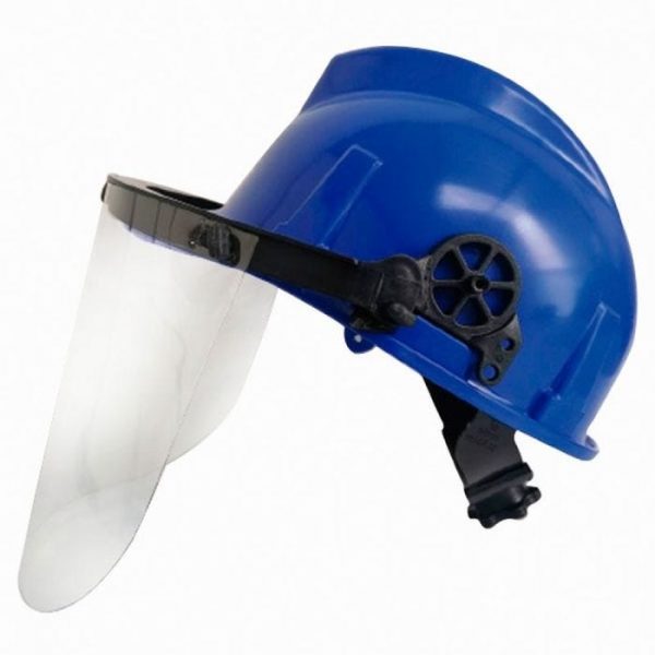 Casco premium azul con proteccion facial pantalla estireno y ajuste con ratchet