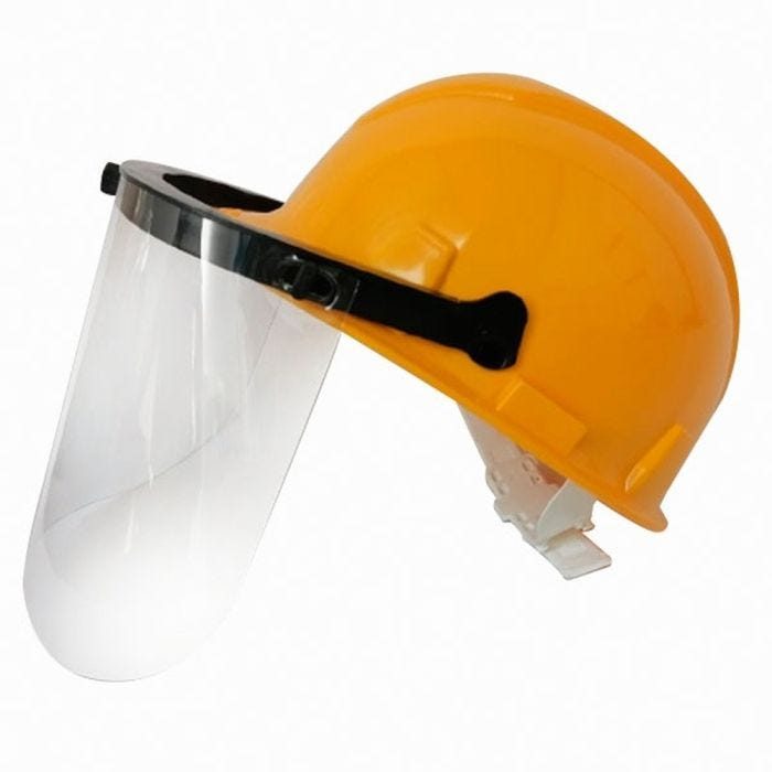 Casco industrial amarillo con proteccion facial pantalla estireno y ajuste con correa